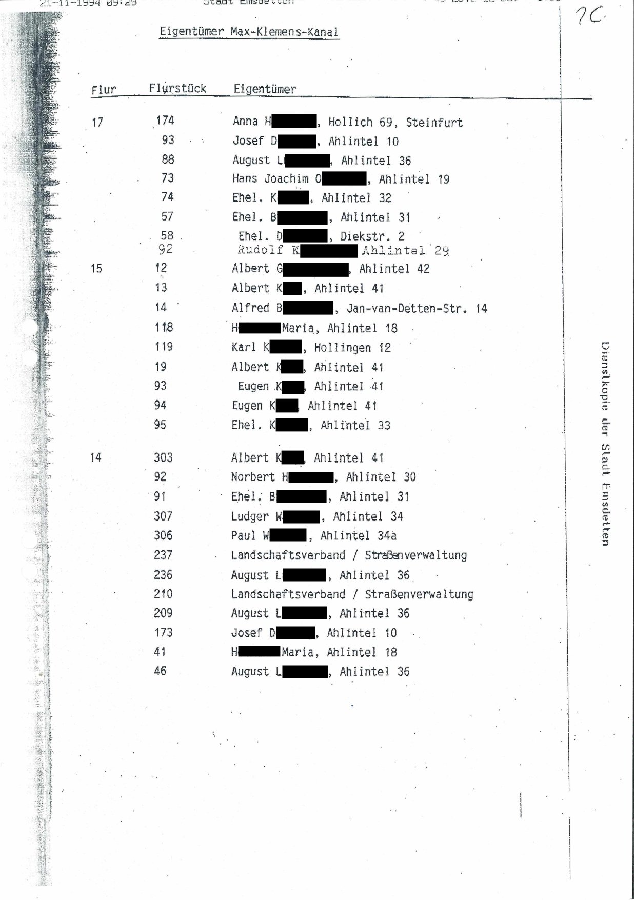 Eigentümerliste entlang des Max-Clemens-Kanals der Stadt Emsdetten Eigentümerliste entlang des Max-Clemens-Kanals der Stadt Emsdetten